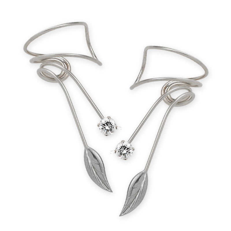 Silver Cubic Zirconia Nature's Leaf Wrap Earcuff Earrings