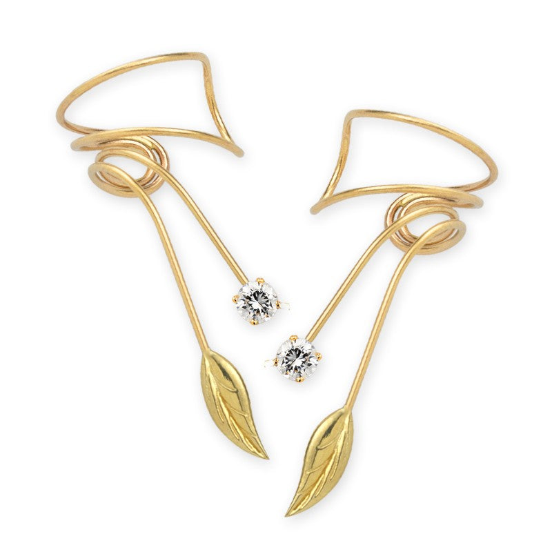 Gold over Silver Cubic Zirconia Nature's Leaf Wrap Earcuff Earrings