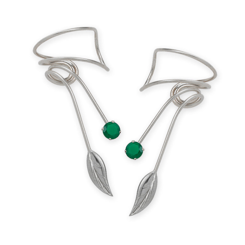 Sterling Silver Emerald Nature's Leaf Wrap Earcuff Earrings