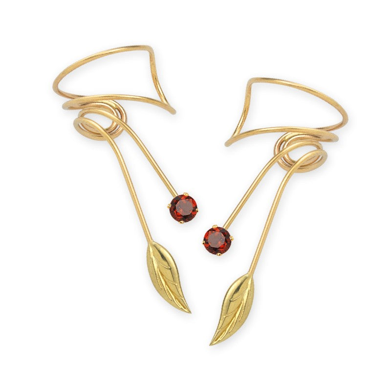 14kt Gold Garnet Nature's Leaf Wrap Earcuff Earrings