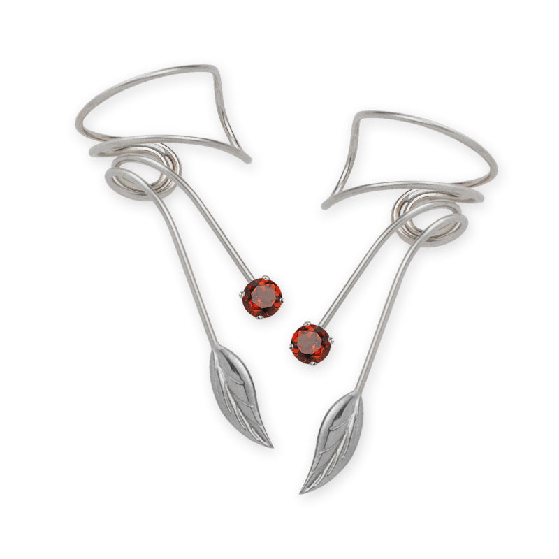 Silver Garnet Nature's Leaf Wrap Earcuff Earrings
