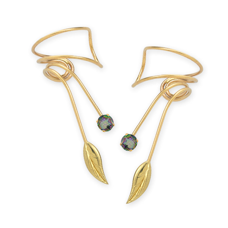 Gold Over Silver Mystic Topaz Leaf Wrap Earcuff Earrings