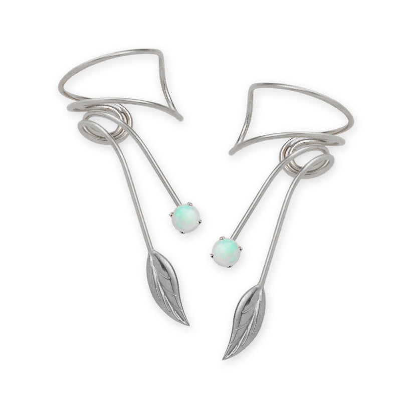Sterling Silver Opal Nature's Leaf Wrap Earcuff Earrings