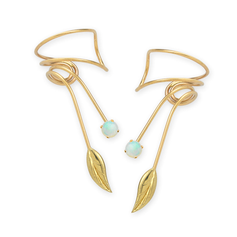 Gold Over Silver Opal Leaf Wrap Earcuff Earrings