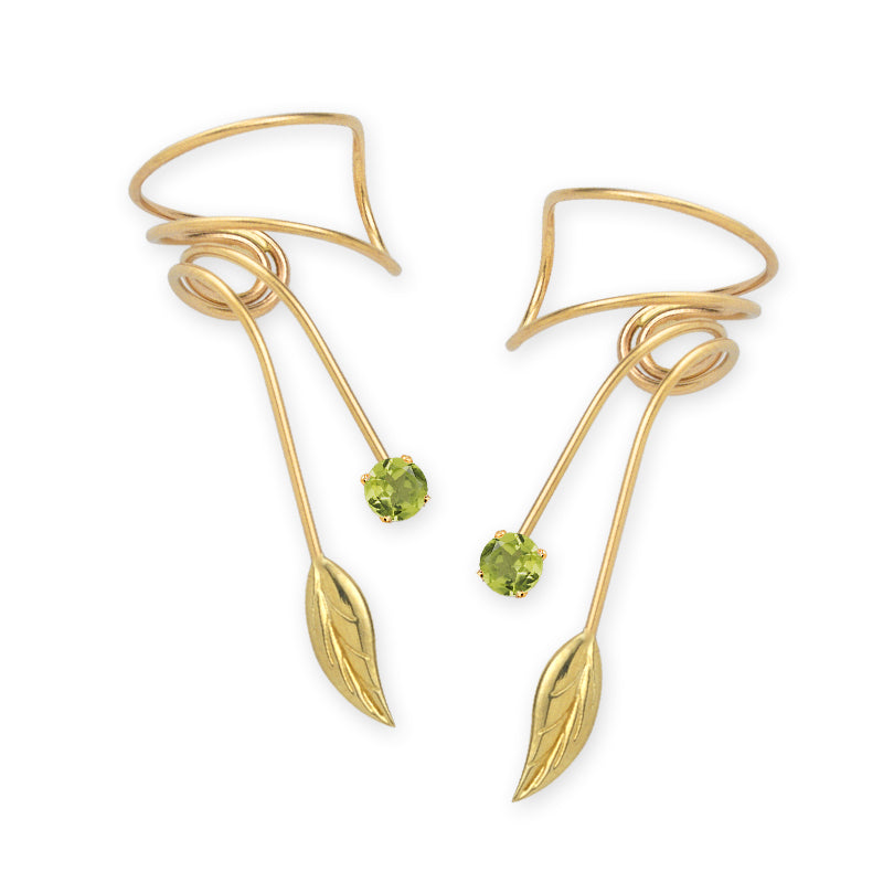 Gold Over Silver Peridot Leaf Wrap Earcuff Earrings