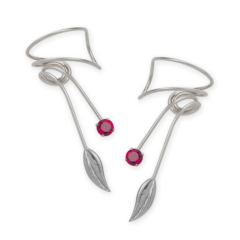 Sterling Silver Ruby Nature's Leaf Wrap Earcuff Earrings