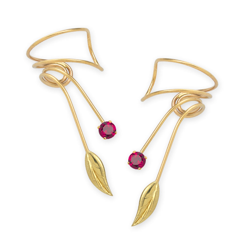 Gold Over Silver Ruby Leaf Wrap Earcuff Earrings