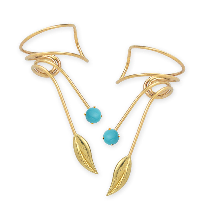 Gold Over Silver Turquoise Leaf Wrap Earcuff Earrings