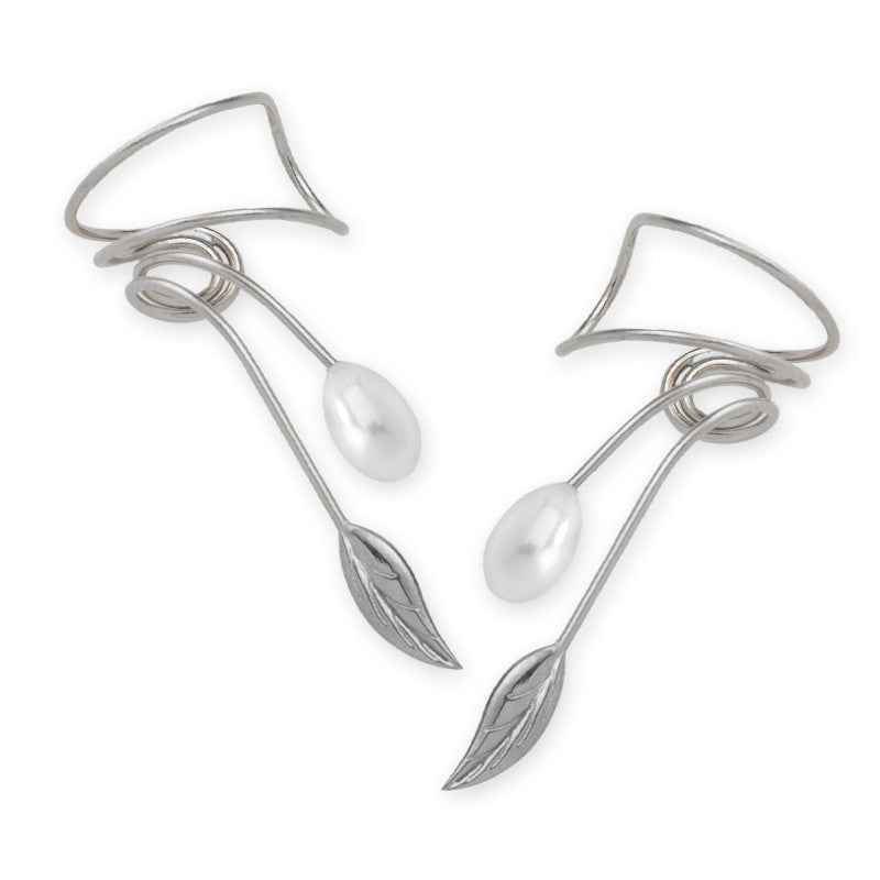 Silver FreshWater Pearl Nature's Leaf Wrap Earcuff Earrings