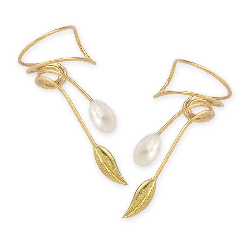 Gold Over Silver Freshwater Pear Nature's Leaf Wrap Earcuff Earrings