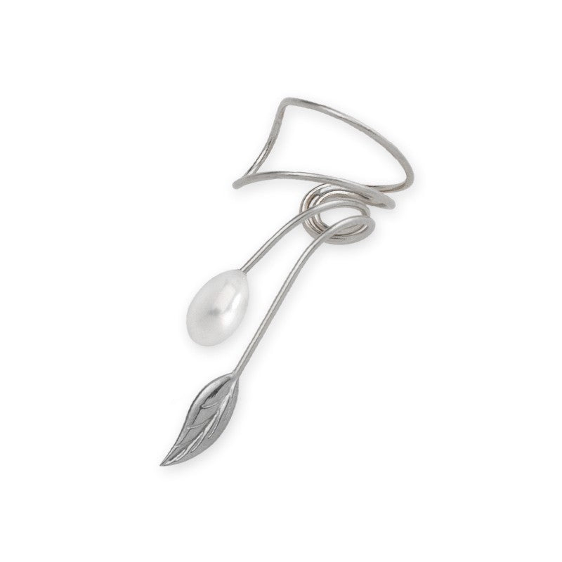 Silver Freshwater Pearl Nature's Leaf Single Wrap Earcuff Earring