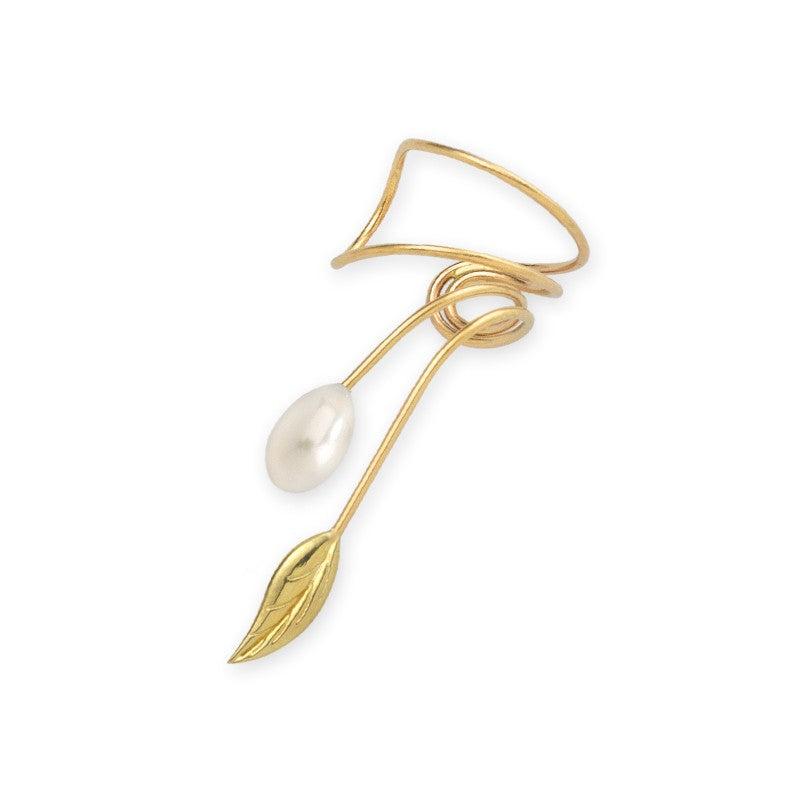 Gold Over Silver Freshwater Pearl Nature's Leaf Single Wrap Earcuff Earring