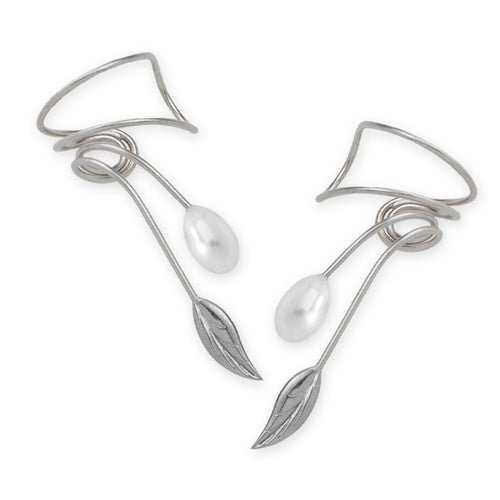 Pearl Ear Cuff  with Nature's Leaf Wrap Earrings in 14k White Gold