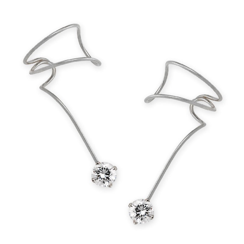 Silver Cubic Zirconia Solitaire Wrap Earcuff Earrings