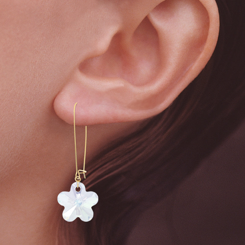 Gold Swarovski Clear Crystal Flowers Kidney Wire Earrings