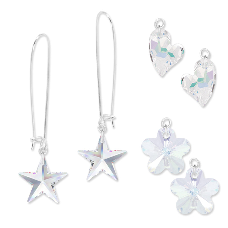 Silver Interchangeable Swarovski Clear Crystals Stars, Hearts, and Flowers Kidney Wire Earrings