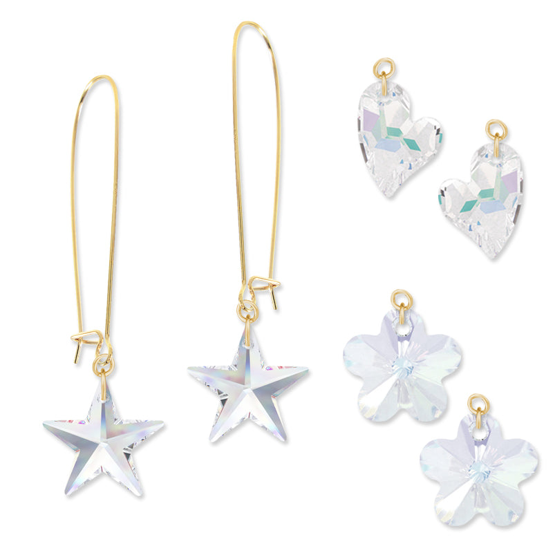 Gold Over Silver Interchangeable Swarovski Clear Crystals Stars, Hearts, and Flowers Kidney Wire Earrings