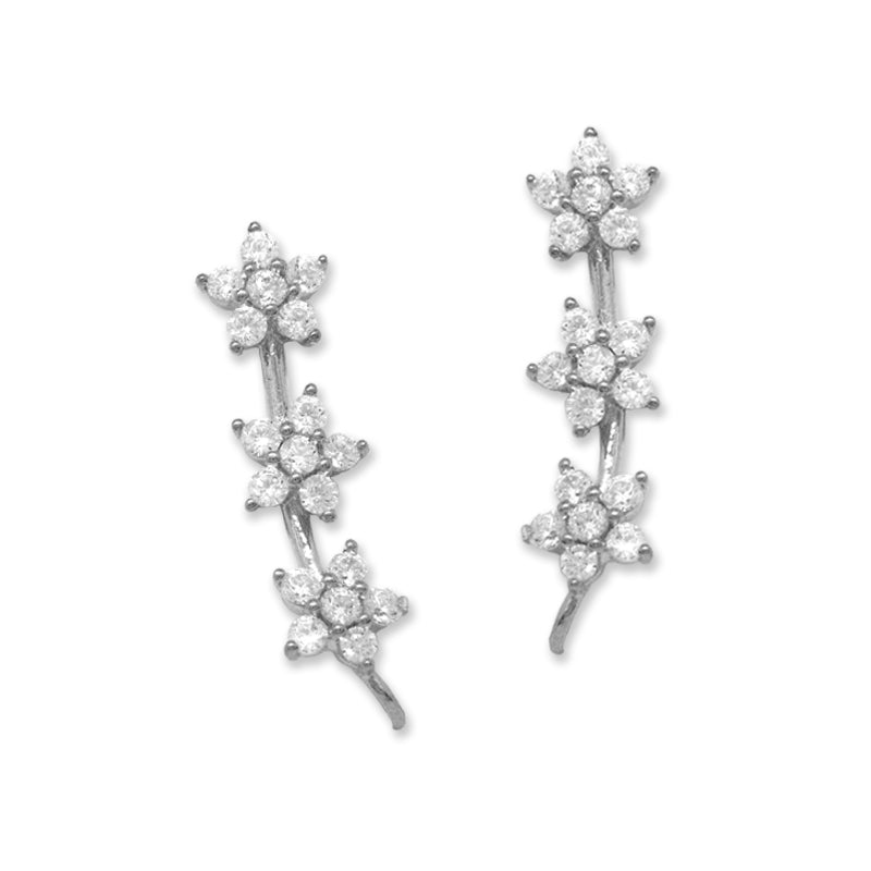 Ear Climbers Flower Cluster of Cubic Zirconias Ear Pin Earrings Sterling Silver