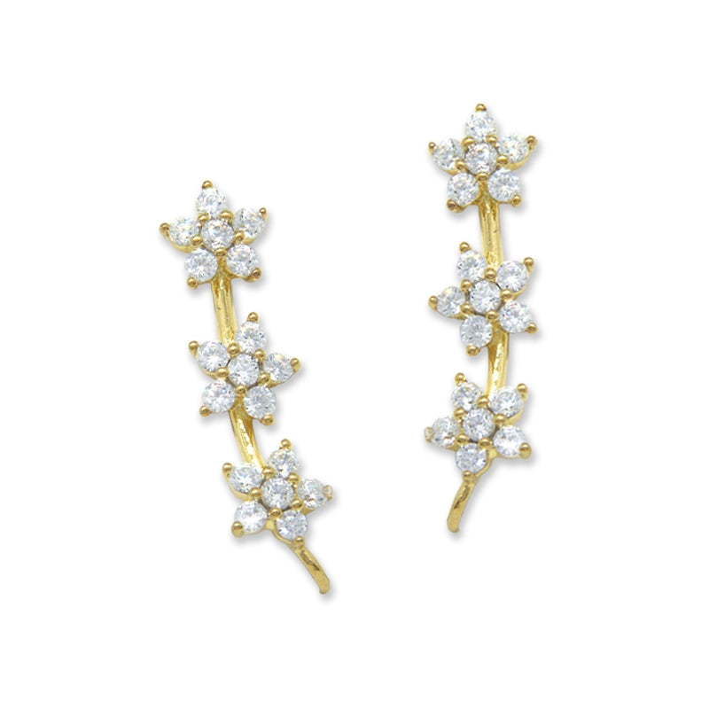 Ear Climbers Flower Cluster of Cubic Zirconias Ear Pin Earrings 18k Gold Over Silver