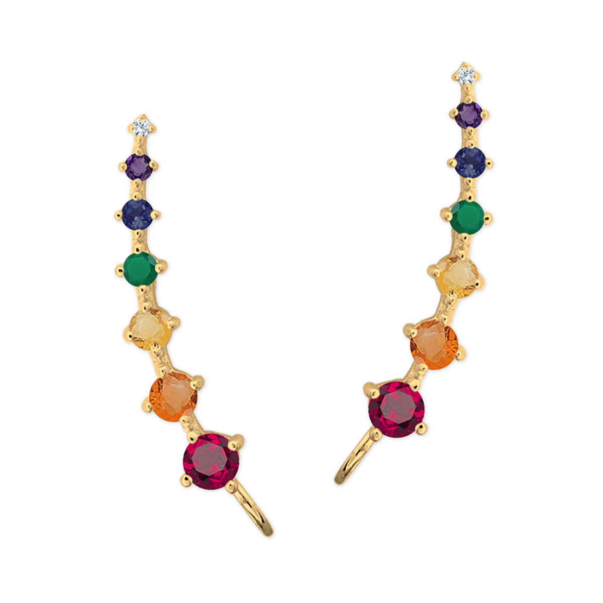 Ear Climber Earrings Rainbow Pride CZ - Ear Pin Earrings Rainbow Gemstones in 18k Gold over Sterling Silver – Graduated Rainbow Ear Crawler Earrings Product Shot Showing Left and Right Side