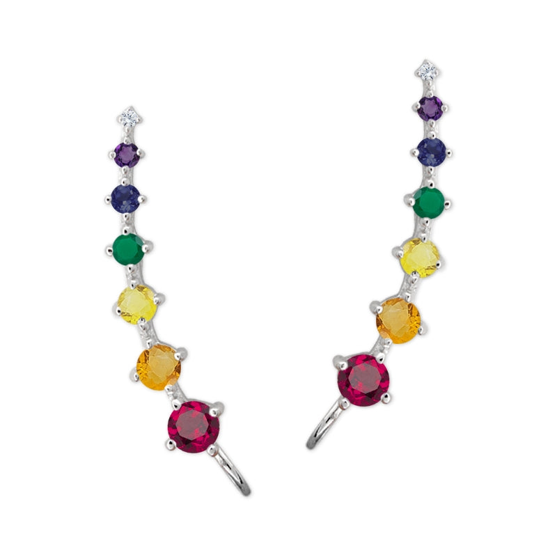 Ear Climber Earrings Rainbow Pride CZ - Ear Pin Earrings Rainbow Gemstones in Sterling Silver – Graduated Rainbow Ear Crawler Earrings Product Shot Showing Left and Right Side

