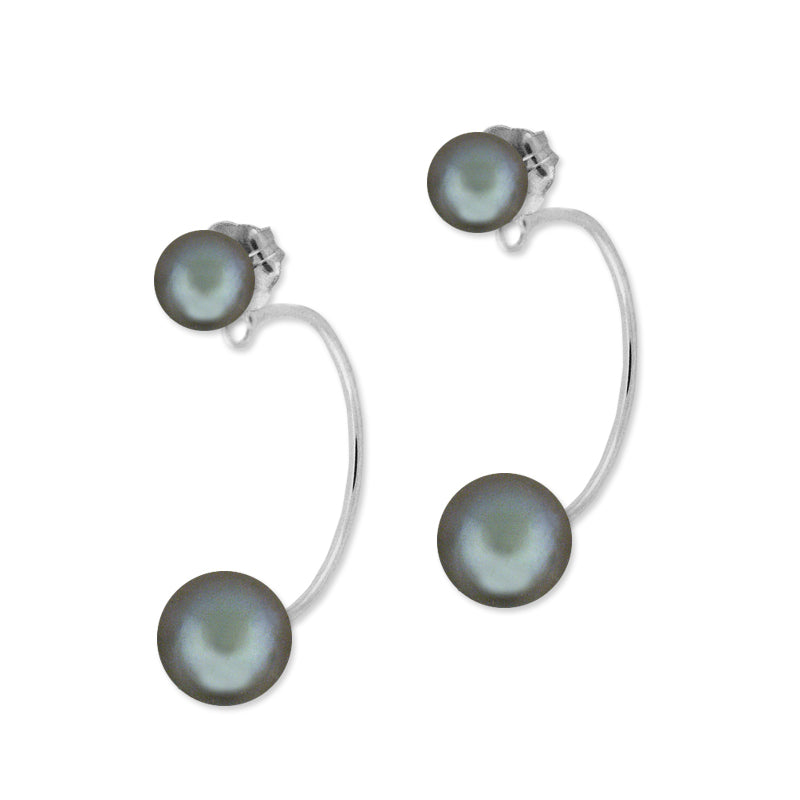 Dark Grey Freshwater Cultured Pearls Cioro Illusion Polished Hoop Silver Earrings