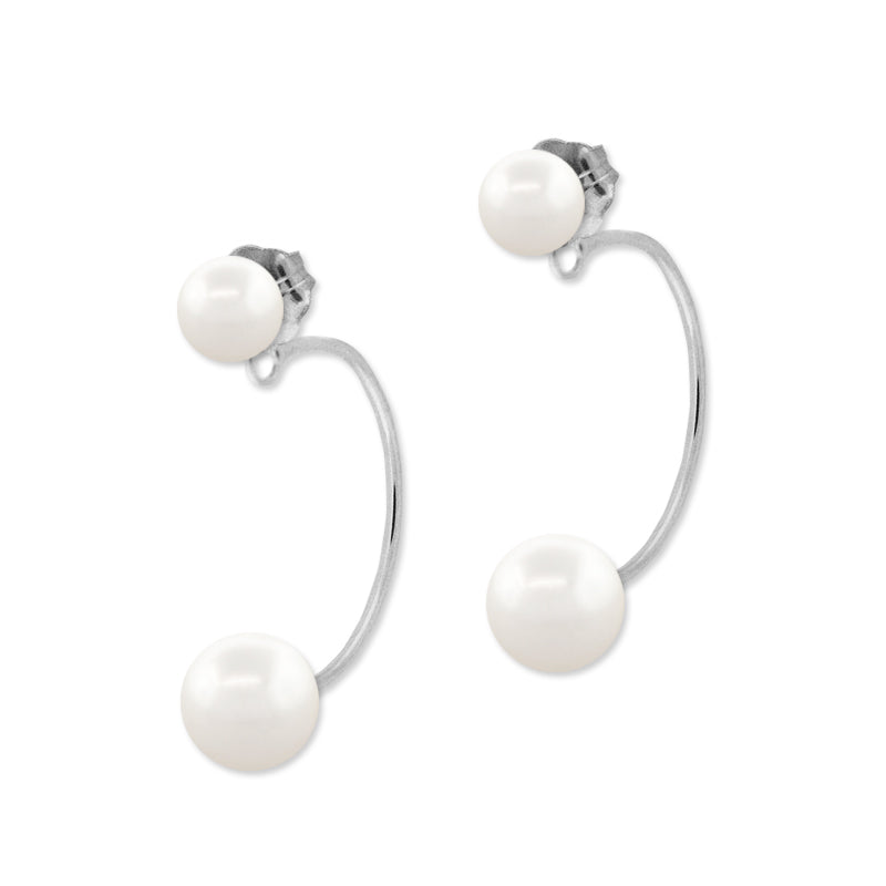 White Freshwater Cultured Pearls Cioro Illusion Polished Hoop Silver Earrings