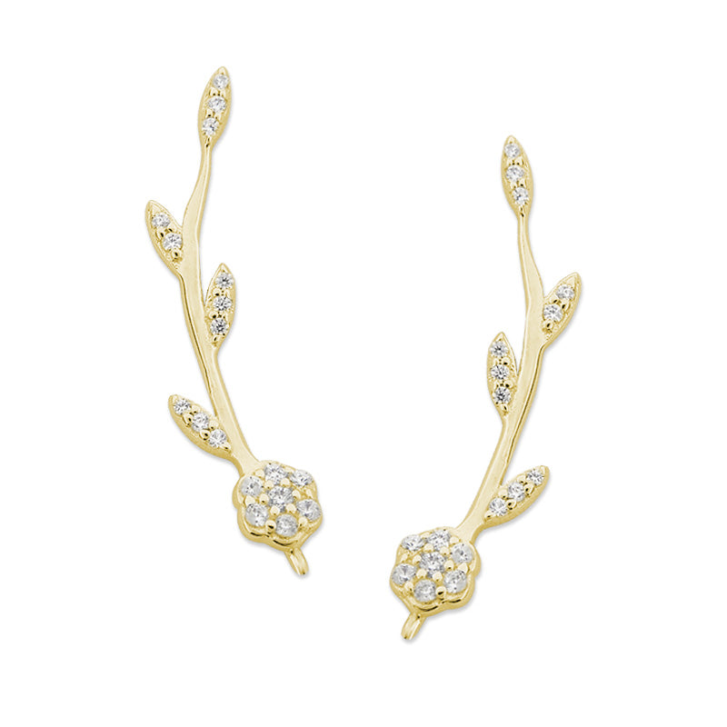  Ear Pin Ear Climber Earrings Flower Stem Cubic Zirconia 18k Gold Over Silver