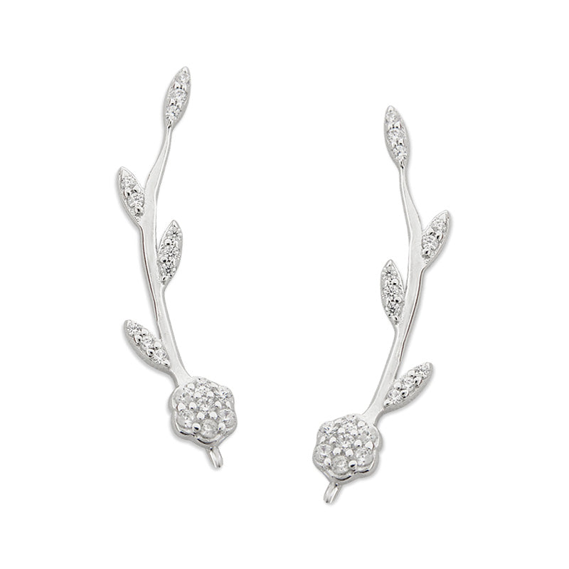 Cubic Zirconia Ear Climber Earrings - Flower Stem - Ear Pin - Sterling Silver