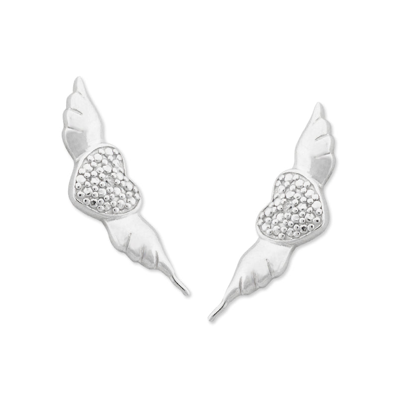 Stone Accent Heart with Wings Silver Ear Pin Earrings