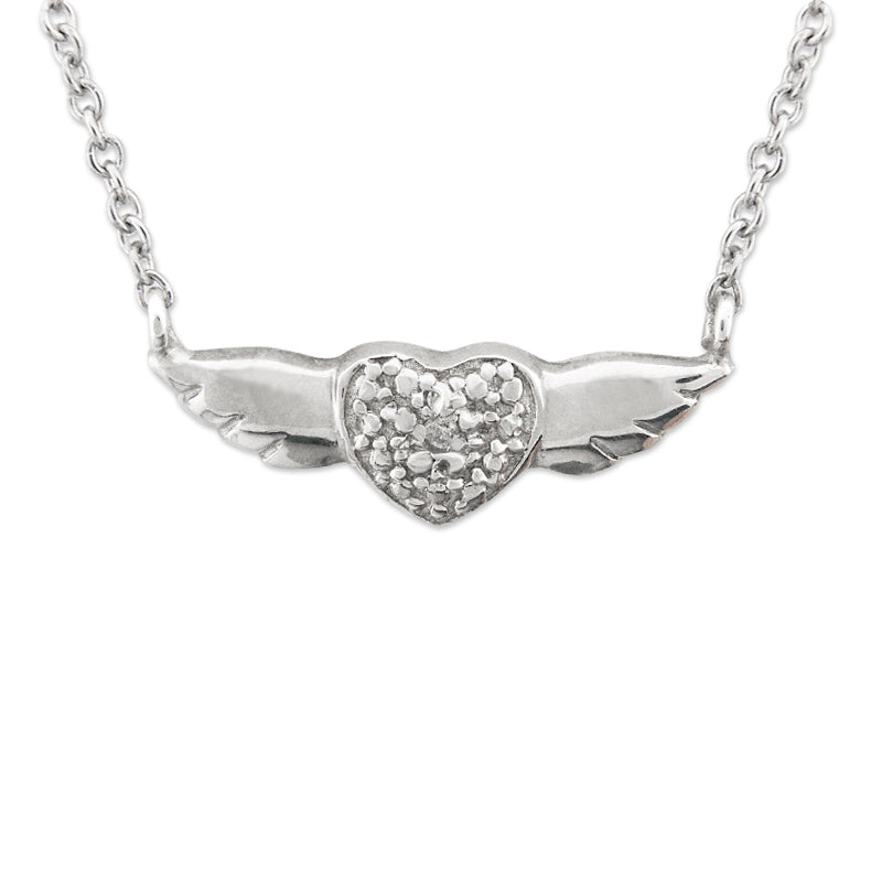 Stone Accent Heart with Wings Sterling Silver Pendant Necklace