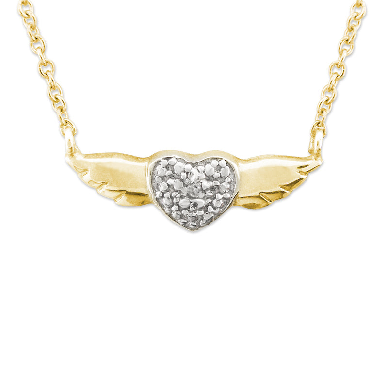 Stone Accent Heart with Wings Gold Over Silver Pendant Necklace