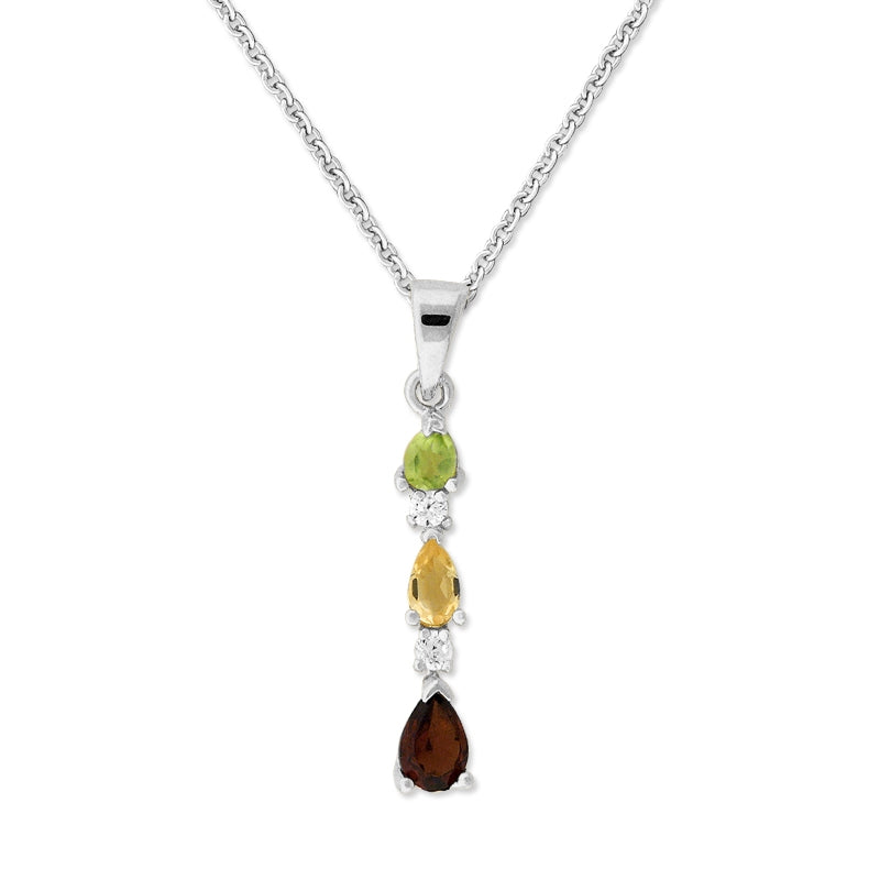 Graduated Pear Shape Peridot, Citrine, Garnet Gemstones Line Pendant Sterling Silver