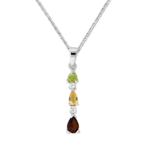 Graduated Pear Shape Peridot, Citrine, Garnet Gemstones Line Pendant Sterling Silver