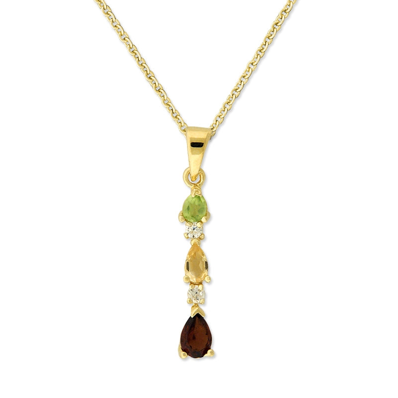 Graduated Pear Shape Peridot, Citrine, Garnet Gemstones Line Pendant 18k Gold Over Silver