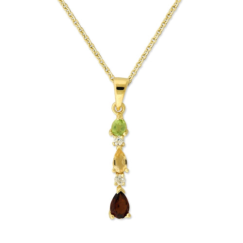 Graduated Pear Shape Peridot, Citrine, Garnet Gemstones Line Pendant 18k Gold Over Silver