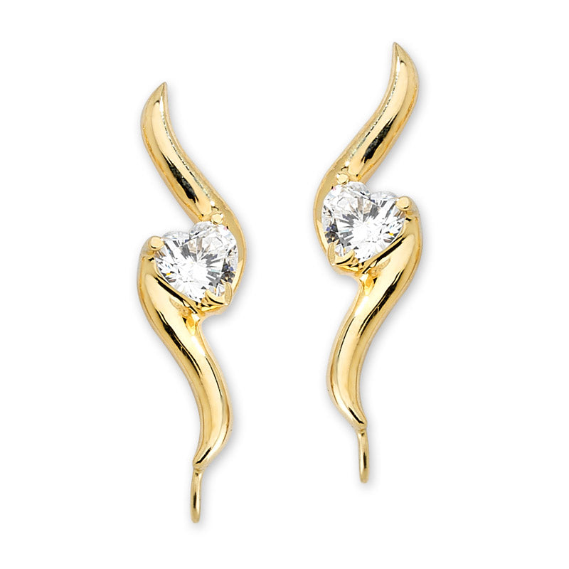 Gold Over Silver Heartshape Cubic Zirconia Swirl Ear Pin Earrings