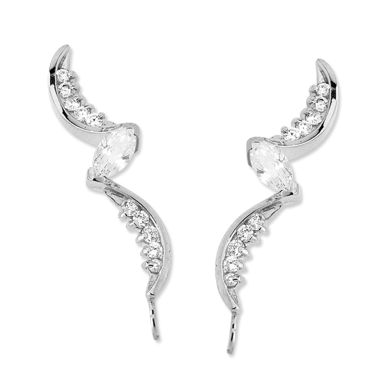 Ear Climber Earrings Marquise CZ - Ear Pin Earrings Marquise and CZ Swirls in Sterling Silver – Marquise Ear Crawler Earrings Product Shot showing left and right side