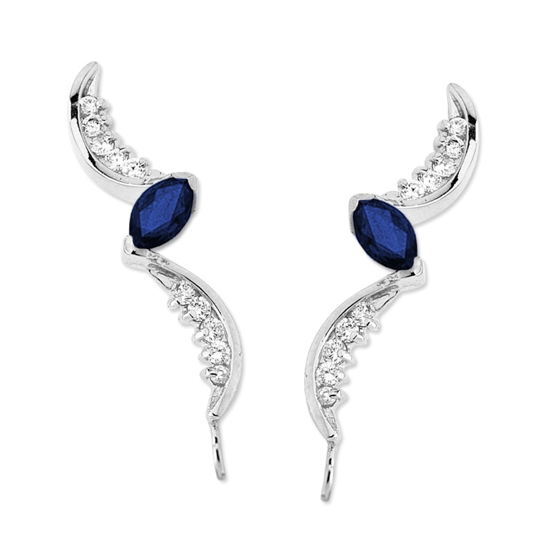 Ear Climber Earrings Marquise Birthstone - Ear Pin Earrings Birthstone Center and CZ Swirls in Sterling Silver – Marquise Ear Crawler Earrings Shown with a Blue Sapphire Center Product Shot 

