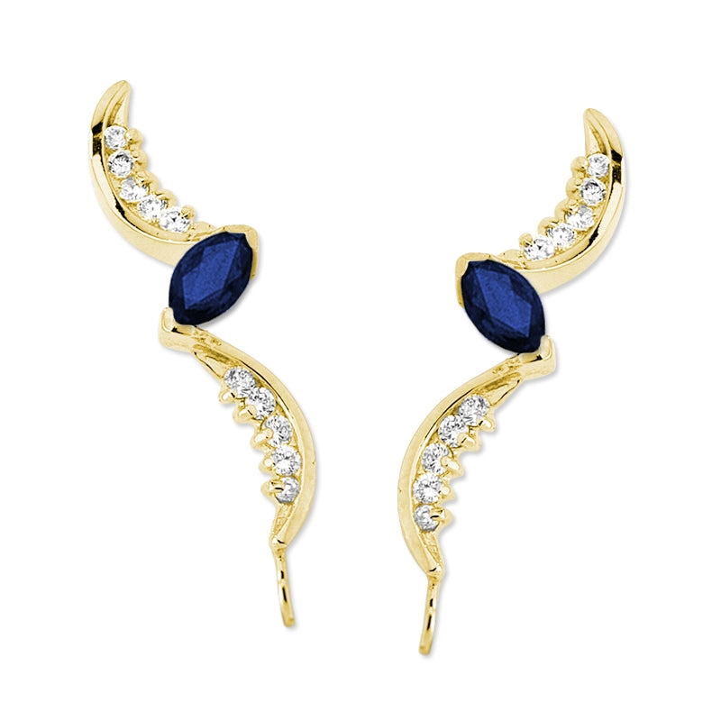 Ear Climber Earrings Marquise Birthstone - Ear Pin Earrings Birthstone Center and CZ Swirls in 18k Gold over Sterling Silver – Marquise Ear Crawler Earrings Product Shot Showing Left and Right Side

