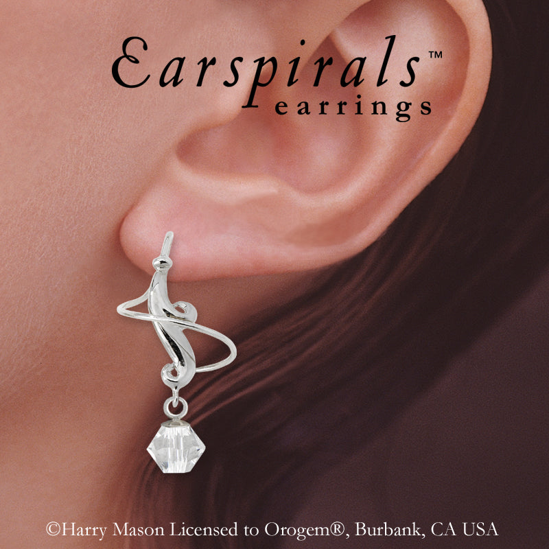 Earspiral Earrings by Harry Mason - Clear Swarovski Crystal Dangle Fleur de Lis - Silver