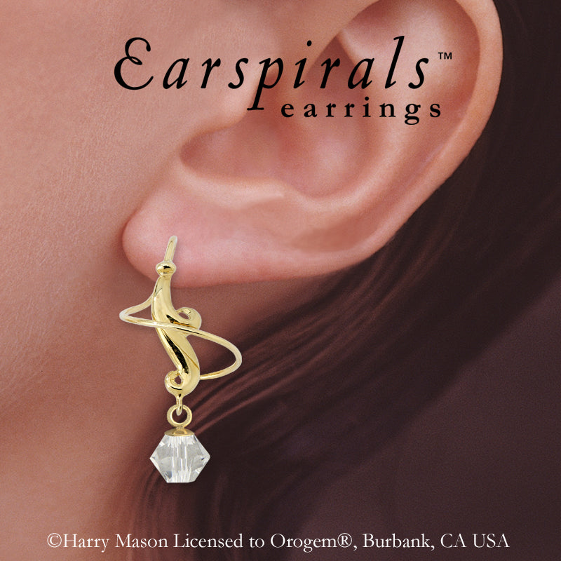 Earspiral Earrings by Harry Mason - Clear Swarovski Crystal Dangle Fleur de Lis - Gold Over Silver