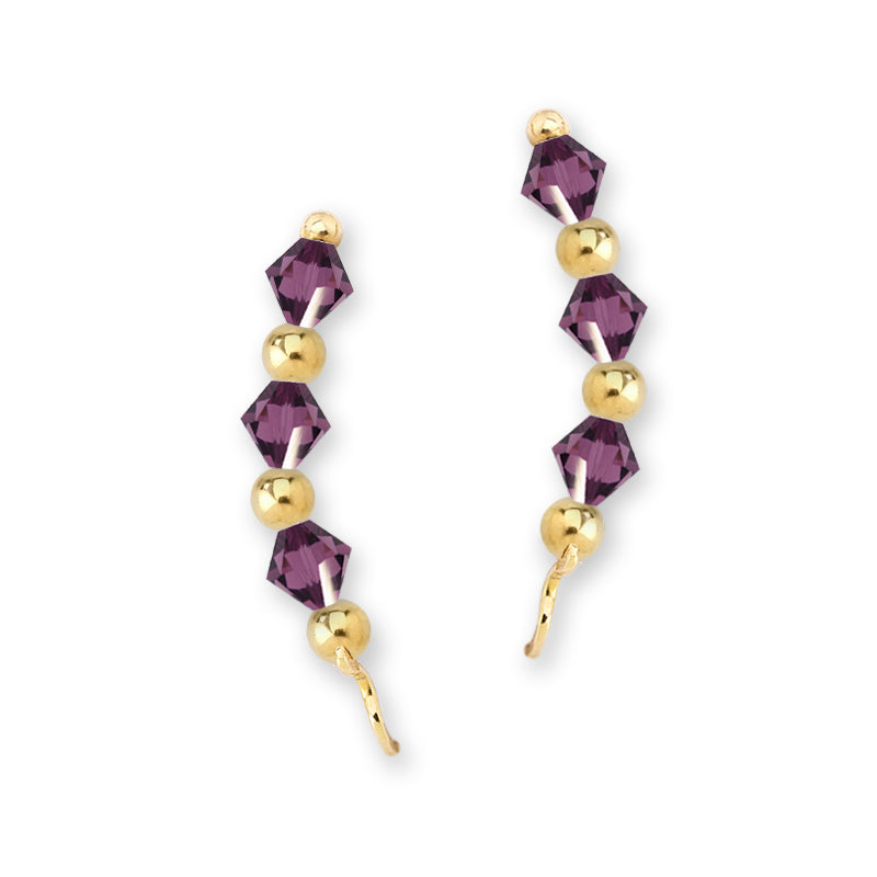 Gold Over Silver Amethyst Swarovski Crystals Alternating Beads Ear Pin Earrings 