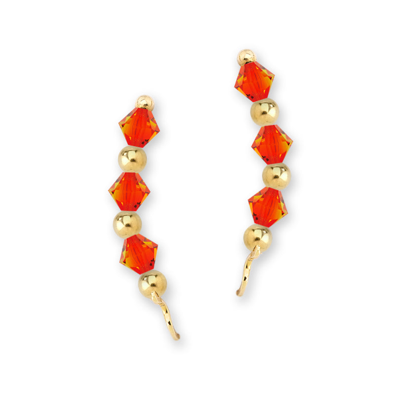 Gold Over Silver Fire Opal Swarovski Crystals Alternating Beads Ear Pin Earrings