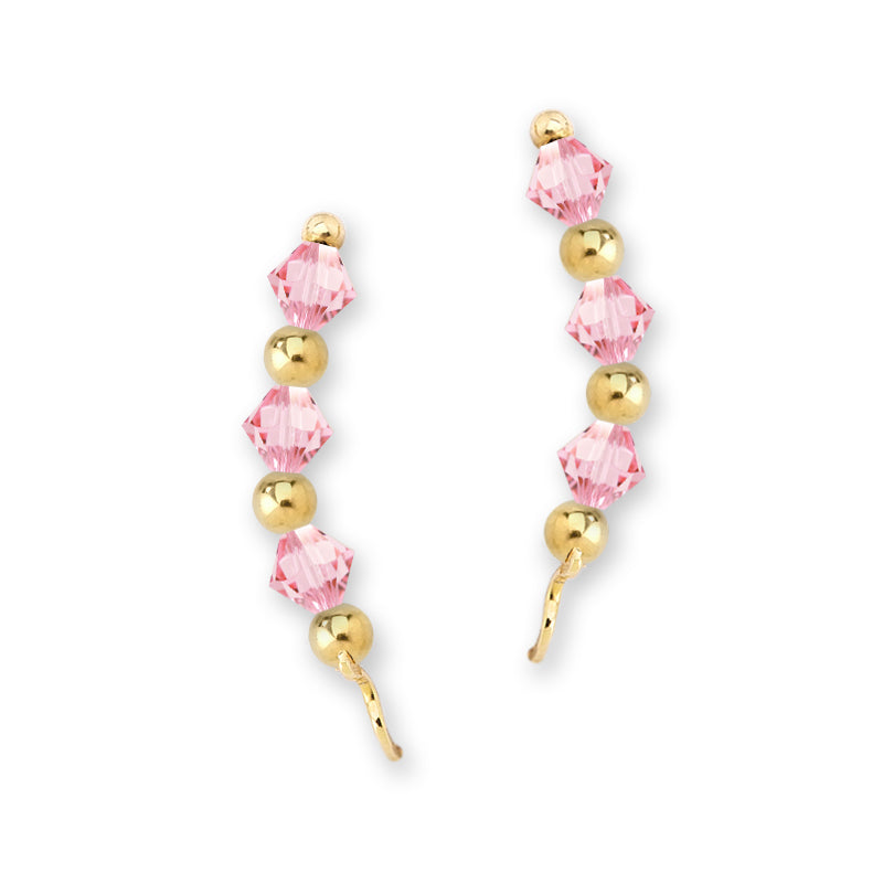 Gold Over Silver Pink Tourmaline Swarovski Crystals Alternating Beads Ear Pin Earrings