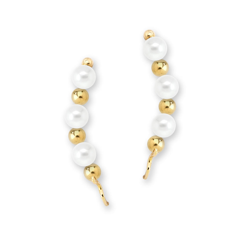 Gold Over Silver White Swarovski Pearls Alternating Beads Ear Pin Earrings