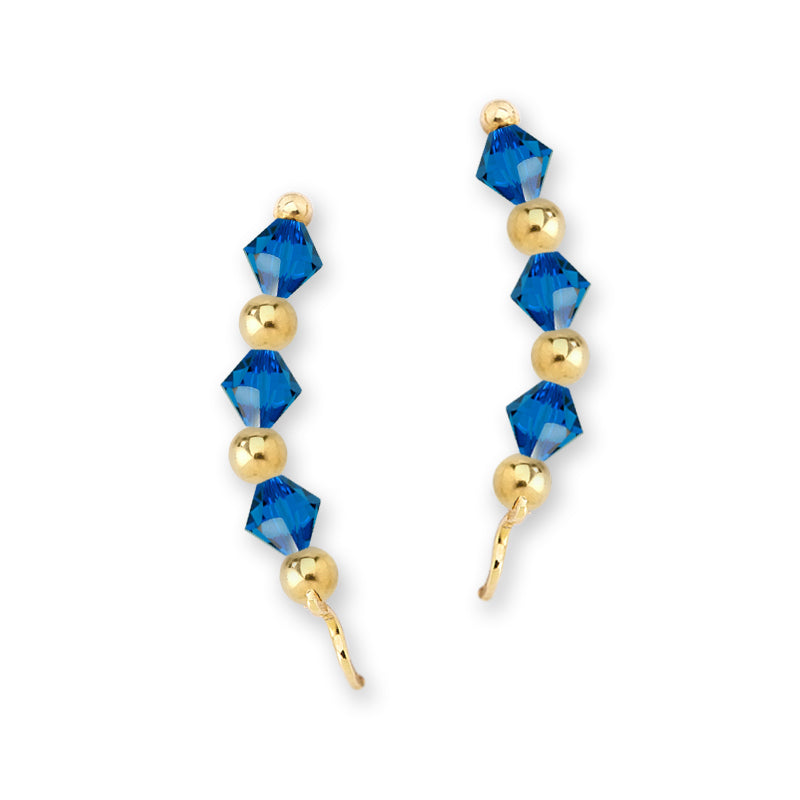 Gold Over Silver Blue Sapphire Swarovski Crystals Alternating Beads Ear Pin Earrings