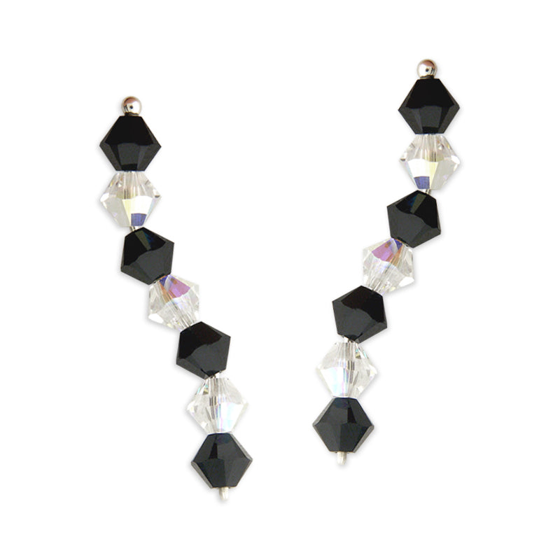 Ear Climber Earrings Ear Pin Black and White Swarovski Crystals Sterling Silver
