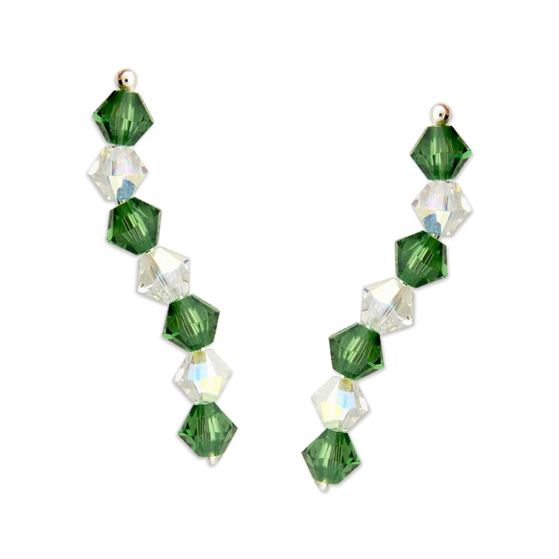 Ear Climber Earrings Ear Pin Emerald and White Swarovski Crystals Sterling Silver