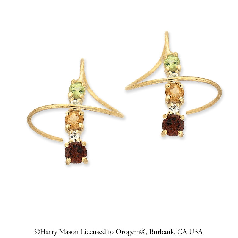 Earspirals Earrings Graduated Garnet-Citrine-Peridot Gemstones 18k Gold Over Silver